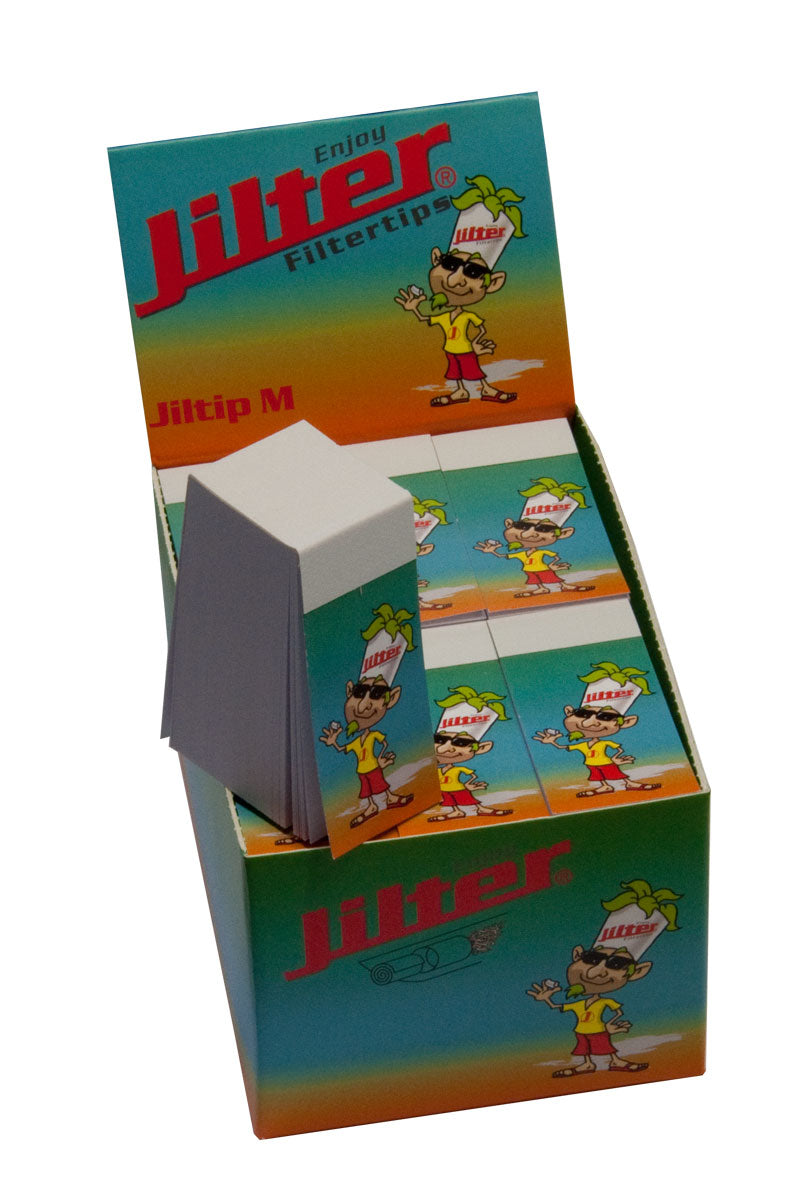 Jilter Jiltip M FAT Filterblättchen im Verkaufsdisplay mit 12 Blöcken à 150 Stück.